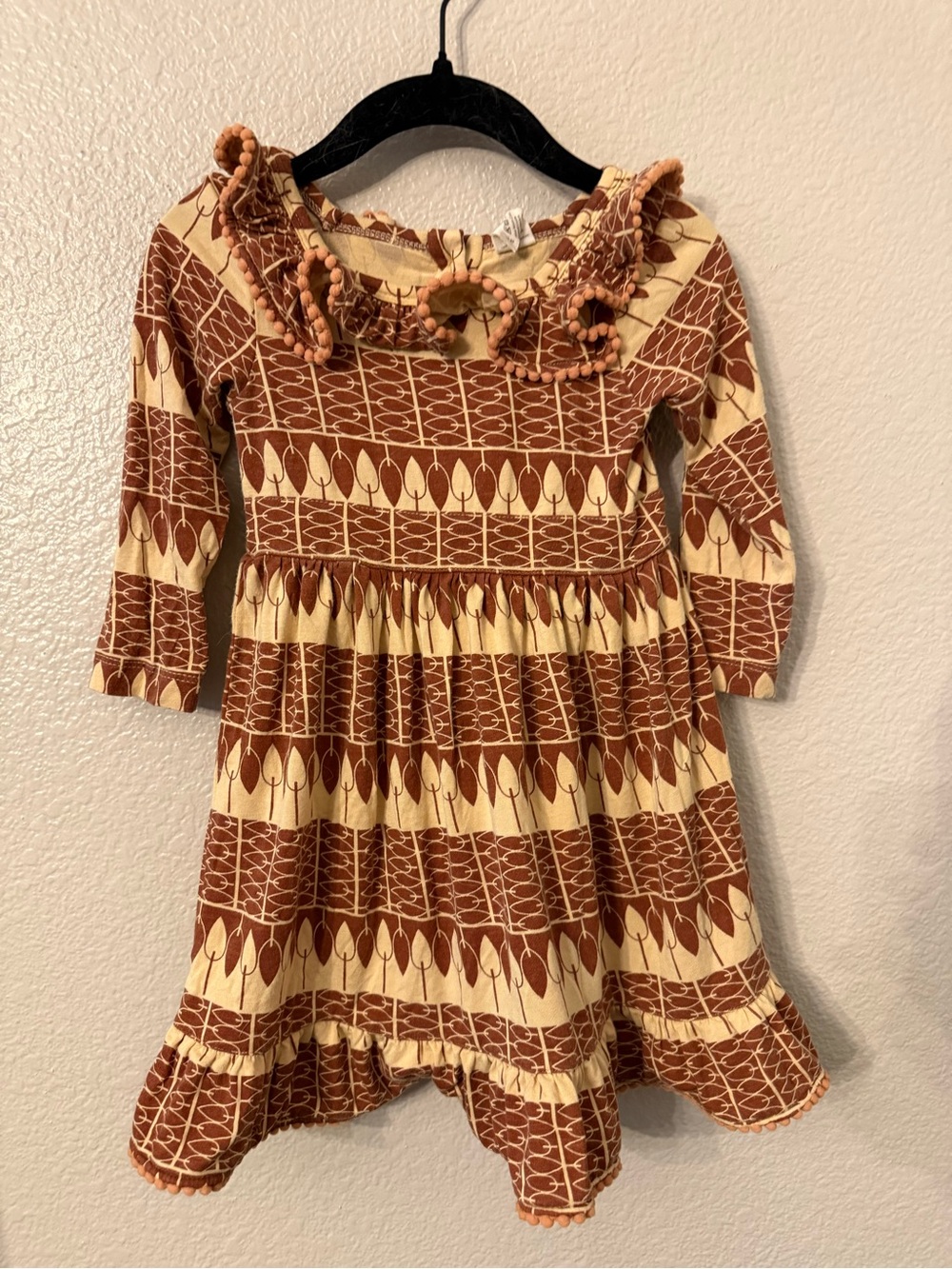 kate quinn Brown & Cream Pom Trim Ruffled Neck Dress